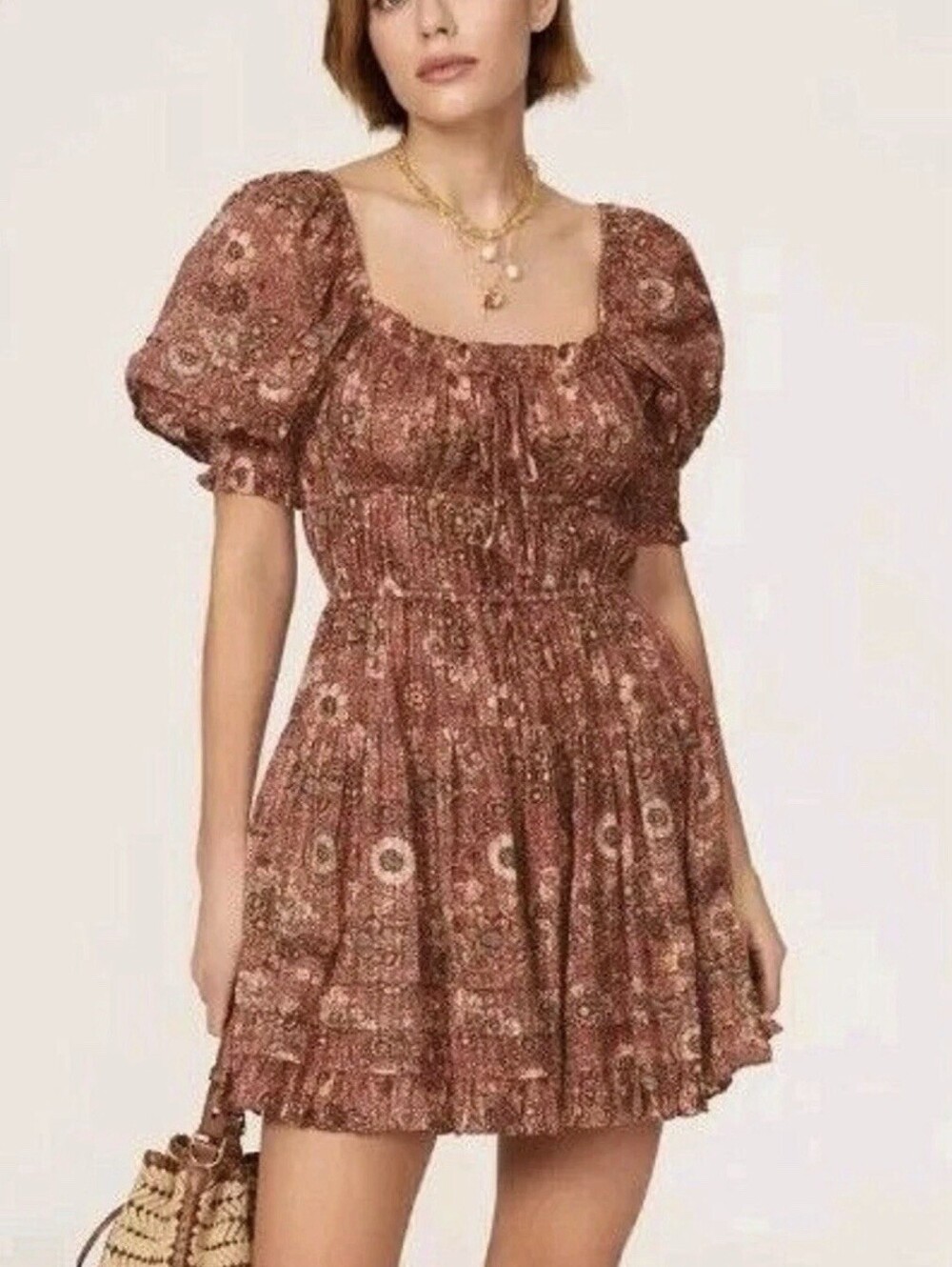 179 Ulla Johnson Mini Dress Rosebud Floral Puff Sleeves Smocked Ties Pocket Sz 4
